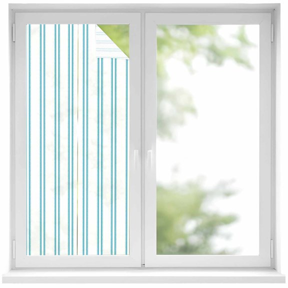 Blue Ticking Stripe Window Privacy Film Farmhouse Vertical Lines White Decorative Glass Window Film UV Blocking Static Cling Non-Adhesive Sticker Covering for Home Door 17.7 x 39.3 inches