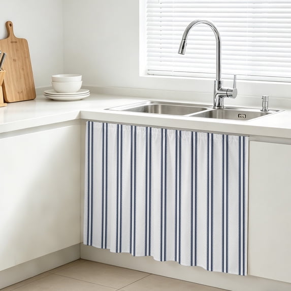 Blue Ticking Stripes Cabinet Curtains for Kitchen 28"W x 35"L, Neutral Country Vertical Lines White Farmhouse Sink Skirt Magic Tape Short Curtain Decorative Privacy Panel for Bathroom Laundry