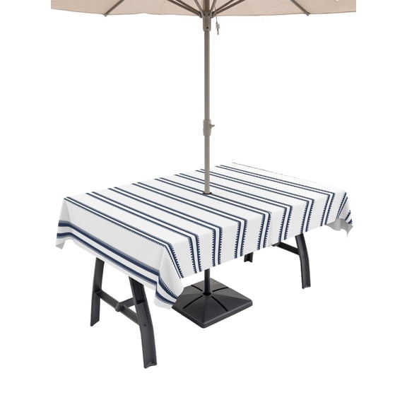 Blue Ticking Stripes Outdoor Rectangle Tablecloth with Umbrella Hole 60"x102", Neutral Country Vertical Lines White Waterproof Zippered Table Cloth Wrinkle Free Wipeable Desk Covers for Patio Party