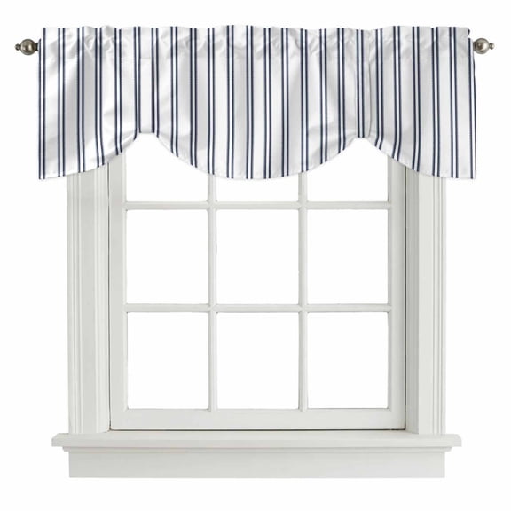 Blue Ticking Stripes Tie Up Valances Curtain, Neutral Country Vertical Lines White Adjustable Valance for Window Light Filtering for Kitchen and Bathroom Rod Pocket 1 Panel 42x12in