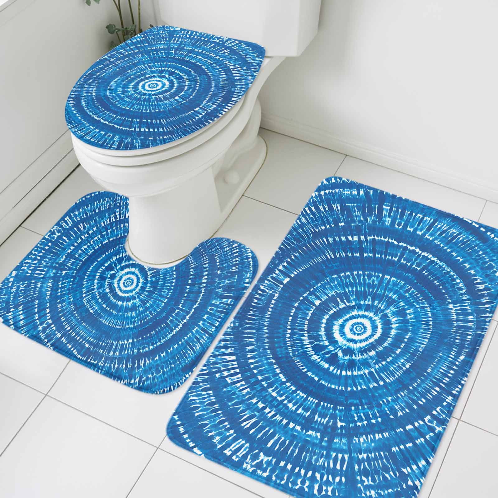 Blue Tie Dye Art Bathroom Rugs Set Abstract Watercolor Dyeing Non Slip ...