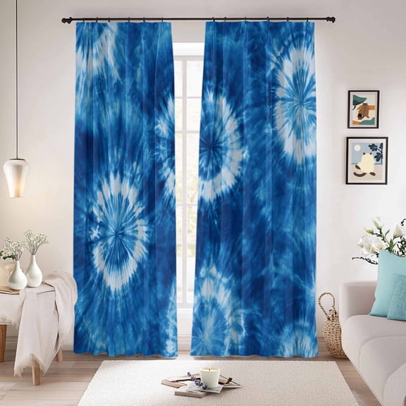 Blue Tie Dye Blackout Curtains for Bedroom/Living Room, Pinch Pleated Black Out Curtains, Boho Ethnic Abstract Ombre Pattern Art Room Darkening Window Drapes with Hooks 2 Panels, 39"x70"