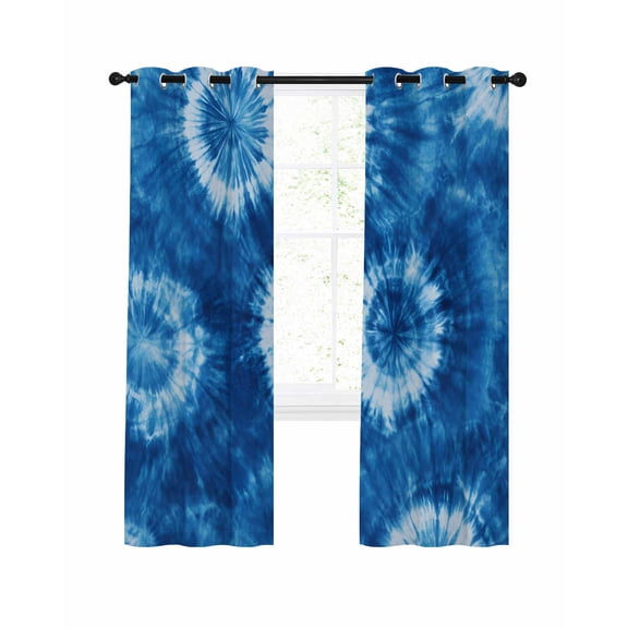 Blue Tie Dye Blackout Curtains, Light Blocking Print Window Curtains, Boho Ethnic Abstract Ombre Pattern Art Thermal Insulated Window Drapes for Living Room Kitchen Cafe 2 Panels, 55"W x 39"L