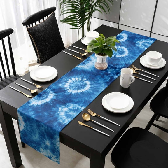 Blue Tie Dye Cotton Linen Small Table Runner 13 x 36 inch Boho Ethnic Abstract Ombre Pattern Art Non-slip Rectangular Dining Table Decor for Wedding Party Holiday Dinner