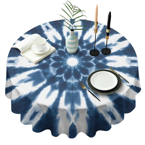 Blue Tie Dye Flower Mandala Pattern Round Tablecloth 60"x60",Wrinkle Wipeable Table Cloth for Kitchen Dining Room Picnic Patio Party