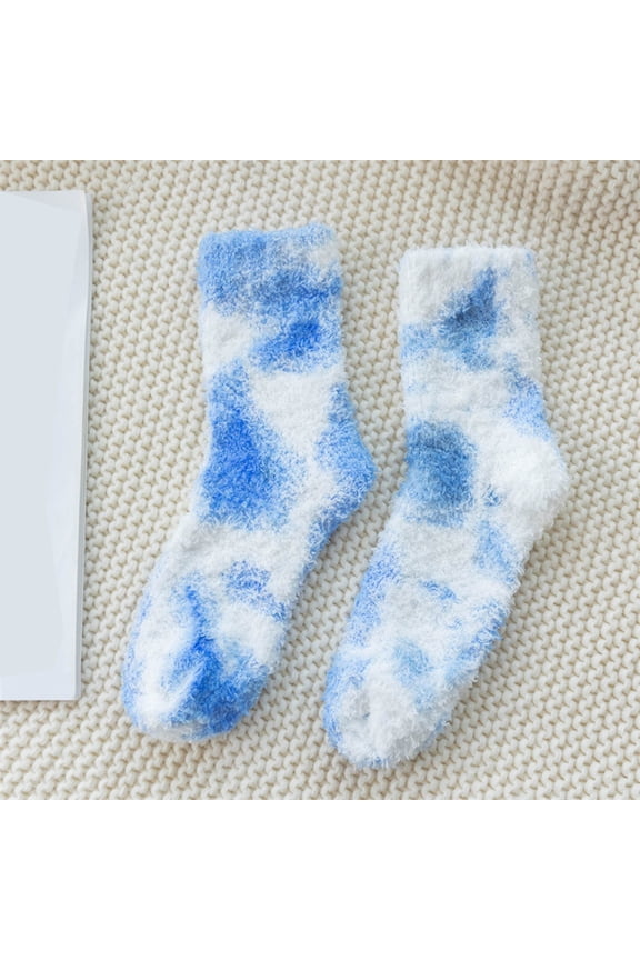 Blue Tie Dye Fuzzy Socks for Women - Ultra Soft Fluffy Warm Crew Socks, One Size Cozy Lounge House Socks,Size Free Size