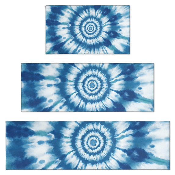 Blue Tie Dye Mandala Pattern Kitchen Rugs Sets Of 3,Kitchen Runner Rugs Non Skid Washable,Decorative Kitchen Floor Mats for Kitchen,Sink,Laundry,17"x30"+ 17"x47" + 17"x59"
