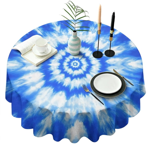 Blue Tie Dye Mandala Pattern Round Tablecloth 60"x60",Wrinkle Wipeable Table Cloth for Kitchen Dining Room Picnic Patio Party