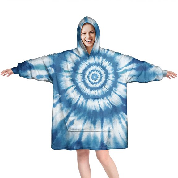 Blue Tie Dye Mandala Pattern Wearable Oversized Blanket,Wearable Blanket Hoodie for Adults,Cozy Hooded Blankets with Super Pockets,Super Warm Fuzzy Pullover for Women & Men