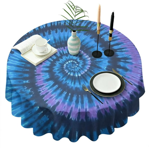 Blue Tie Dye Pattern Round Tablecloth 60"x60",Wrinkle Wipeable Table Cloth for Kitchen Dining Room Picnic Patio Party