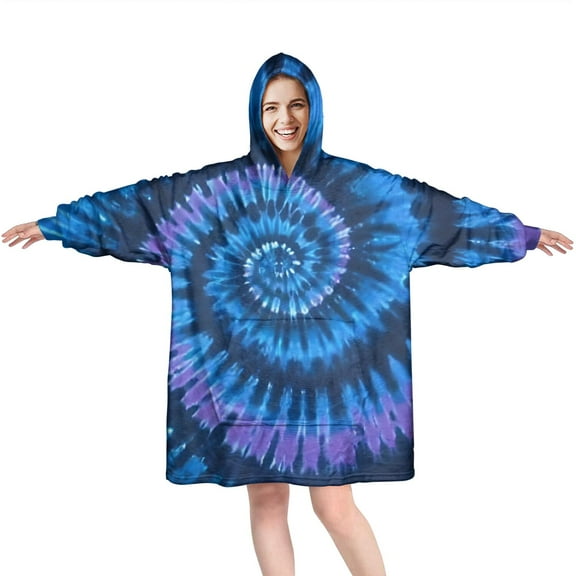 Blue Tie Dye Pattern Wearable Oversized Blanket,Wearable Blanket Hoodie for Adults,Cozy Hooded Blankets with Super Pockets,Super Warm Fuzzy Pullover for Women & Men