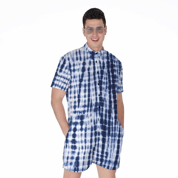 Blue Tie Dye Shibori Short Sleeve Men'S Rompers, Traditional Japan Japanese Vibe Shibori Casual Summer Jumpsuits Outfit