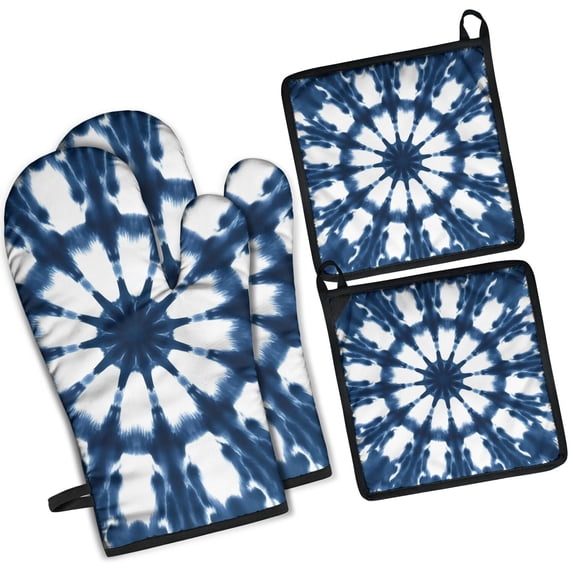 Blue Tie Dye Star Pattern Kitchen Oven Mitt and Pot Holder Sets 4 Pcs for Baking, Cooking and Grilling, Heat Resistant Up To 392 °F
