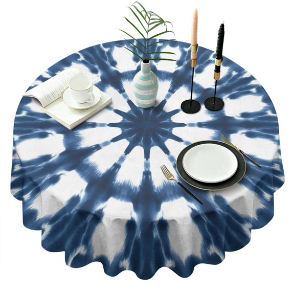 Blue Tie Dye Star Pattern Round Tablecloth 60"x60",Wrinkle Wipeable Table Cloth for Kitchen Dining Room Picnic Patio Party
