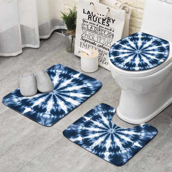 Blue Tie Dye Starburst Pattern Bathroom Rugs Sets 3 Piece,Toilet Cover Set,Absorbent Non Slip Bathroom Mats Sets with U-Shaped Contour Rug Toilet Rug Set