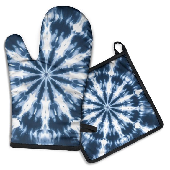 Blue Tie Dye Starburst Pattern Kitchen Oven Mitt and Pot Holder Sets 2 Pcs for Baking, Cooking and Grilling, Heat Resistant Up To 392 °F