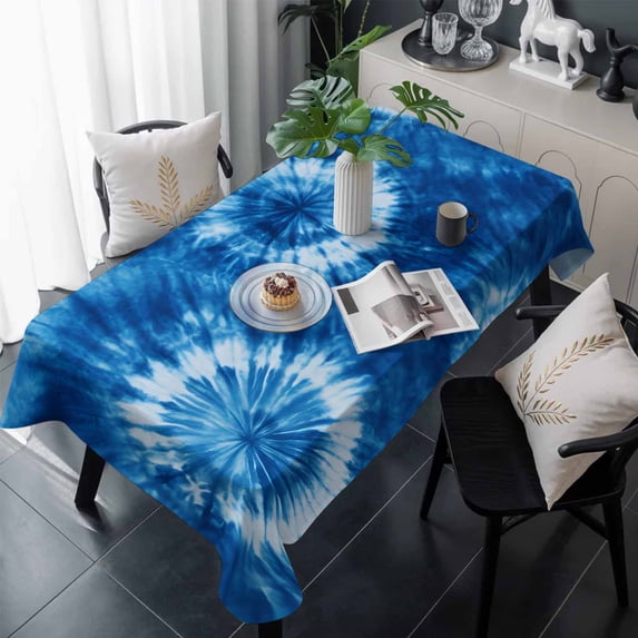 Blue Tie Dye Table Cloth Waterproof Tablecloths, Boho Ethnic Abstract Ombre Pattern Art Tablecloth Dining Table Cover for Kitchen Party Tabletop Outdoor, Rectangle Tablecloth 54x108 Inch