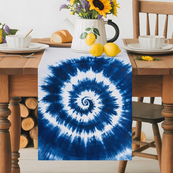 Blue Tie Dye Vortex Psychedelic Table Runner 36 Inches Long, Abstract Ethnic Tribal Style Table Runners Tabletop Scarf Kitchen Dining Tables Decoration for Home Party Indoor Outdoor