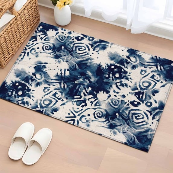 Blue Tie-dye Bathroom Rug Washable 2x3 Entryway Rug Non Slip Vintage Rustic Abstract Painting Art Front Door Mat Low Pile Indoor Doormat Throw Floor Carpet for Kitchen Bedroom Entrance
