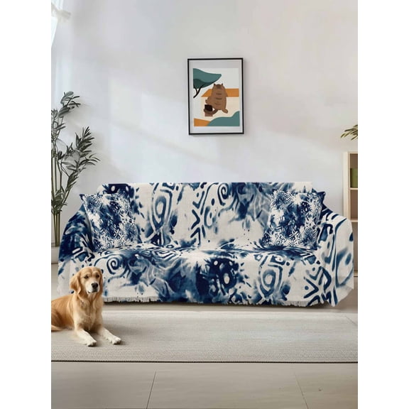 Blue Tie-dye Couch Cover, Vintage Rustic Abstract Painting Art Sofa Cover Blanket for Loveseat Couches, Sectional Sofa Slipcover Furniture Protector for Living Room Bedroom 71''x118''