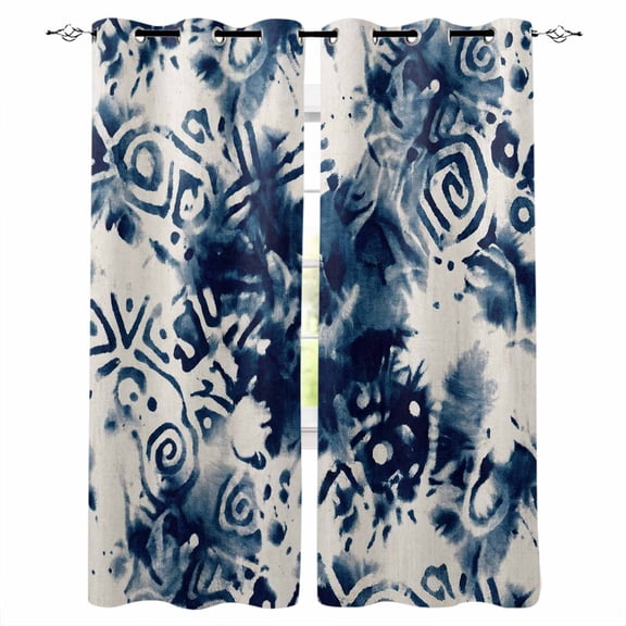 Blue Tie-dye Kitchen Curtains Vintage Rustic Abstract Painting Art Cafe Short Curtains for Bathroom Blackout Window Curtain Grommet Small Window Treatment Drapes for Bedroom Living Room 27.5"x39"x2