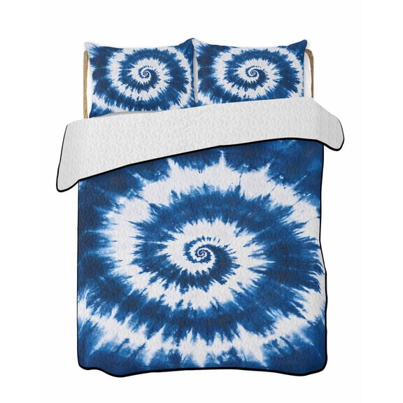 Blue Tie-dye Quilts Bedding Set King Size Chinese Style Abstract Ethnic Lightweight Quilted Bedspread 3 Piece Bed Quilt with 2 Pillow Shams All Season for Bedroom 90" x 96"