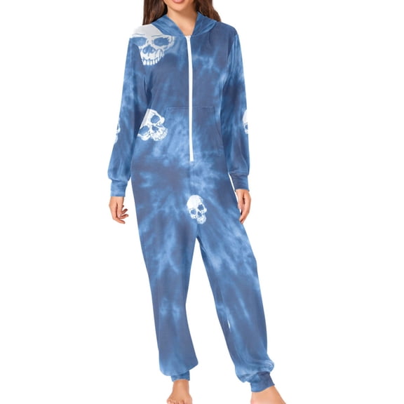 Blue Tie-dye Skulls Print Adult's Hoodie Onesie Jumpsuit One-Piece Pajamas with Zipper Unisex for Holiday S