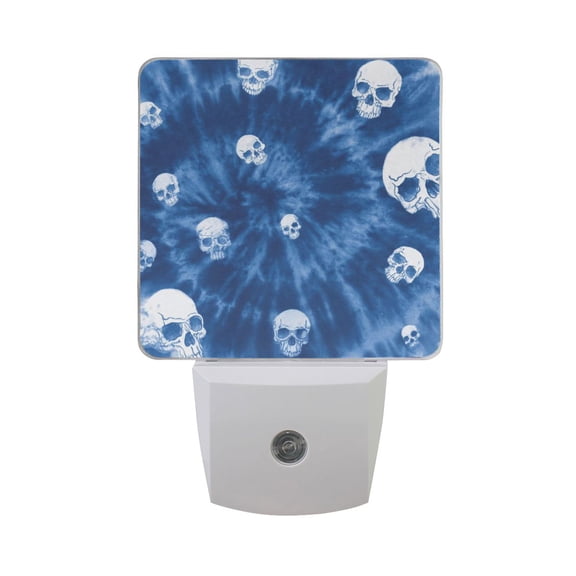 Blue Tie-dye Skulls Print LED Night Light Sensor Lamp Plug-in Adjustable Brightness 2 Pack