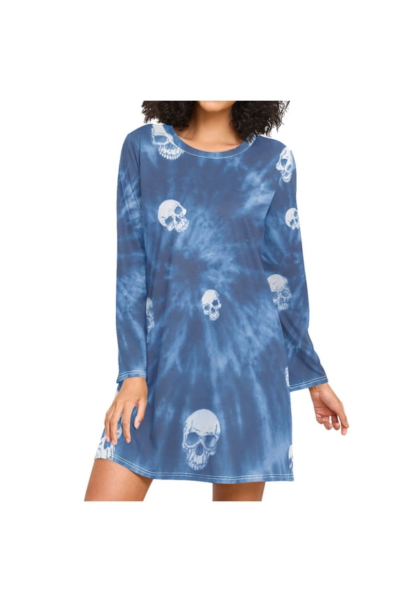 Blue Tie-dye Skulls Print Women's Long Sleeves Nightgowns Sleepwear Soft Pajama A-line Sleep Dress M