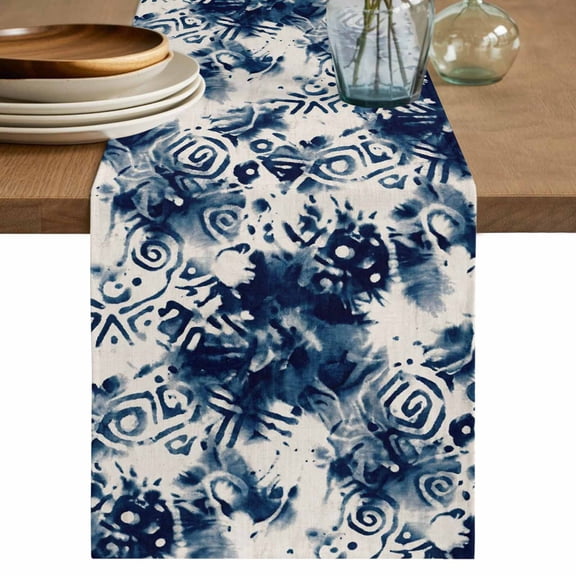 Blue Tie-dye Table Runner, Vintage Rustic Abstract Painting Art Washable Cotton Linen Table Runners 36 Inches Long, Dresser Scarf Runner for Nightstand/End Tables/Round Tables 13''x36''
