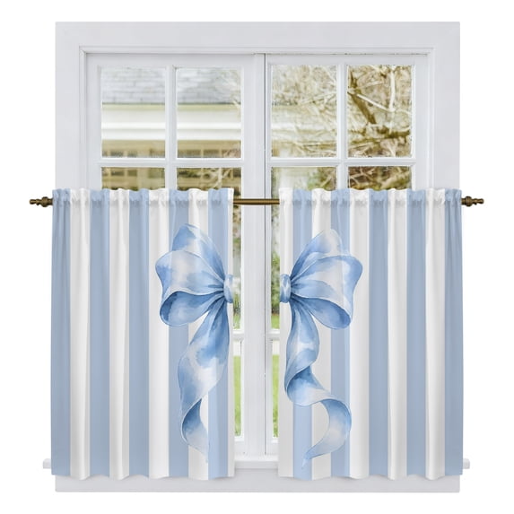 Blue Tied Bow Kitchen Curtains 54 Inch Length, Farmhouse Ribbon Blue ...