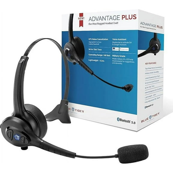 Blue Tiger Advantage Plus Bluetooth Headset - Professional Trucker and Office Headset with Microphone - Durable, Noise Cancelling, Clear Sound, Long Battery Life - 36 Hour Talk Time