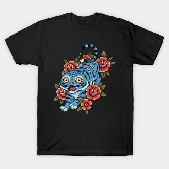 Blue Tiger Floral Tattoo Style Traditional Flash Graphic Unisex T-Shirt, for men & women, up to size 5XL