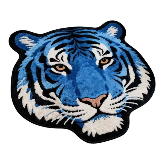 Blue Tiger Head Soft Carpet, Faux Fur Rug for Living Room, Cute Tiger Design Floor Cover
