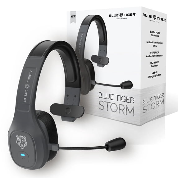 Blue Tiger Storm Wireless Bluetooth Professional Headset - Noise Cancellation Bluetooth 5.0 Headset – 30 Hours Talk Time, Extended 100 ft. Range