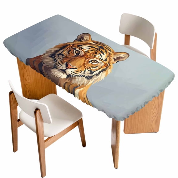 Blue Tiger Table Cloths for 4 Foot Rectangle Tables, Funny Animals Modern Art Patio Waterproof Elastic Fitted Tablecloths, Washable Rectangular Table Cover for Camping