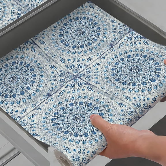 Blue Tile Drawer and Shelf Liner for Kitchen,Non-Adhesive Waterproof Shelf Liner Strong Grip Non-Slip Drawer Liner Easy to Clean Cabinet Liner for Shelf Dresser Cupboard, 12IN 10FT