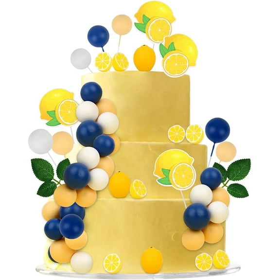 Blue Tile Lemon Cake Decorations - Fruit Leaves Cake Cupcake Figures Toppers Ball Dessert Picks, Lemon Theme Birthday Party Baby Shower Bachelorette Celebration Photo Props
