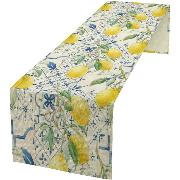 Blue Tile Lemon Table Runner, Italian Navy Blue Burlap Watercolor Flower Lemon Olive Summer Fruit Dinner Table Runners Farmhouse Coffee Table Home Kitchen Dresser Decor for Party Holiday 13"x90"