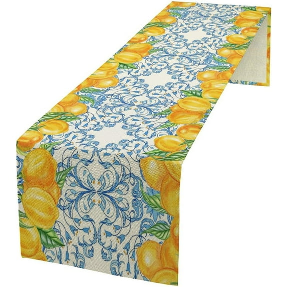 Blue Tile Lemon Table Runner, Vintage Watercolor Lemon Summer Tropic Fruit Italian Navy Blue Dinner Table Runners Farmhouse Coffee Table Home Kitchen Dresser Decor for Party Holiday 13"x70"