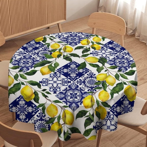 Blue Tile Lemon Tablecloth, Summer Fresh Lemon Florals Watercolor Spring Landscape Print Table Cloth Cover for Home Dinning Kitchen Wedding Party Decor, 60x60in