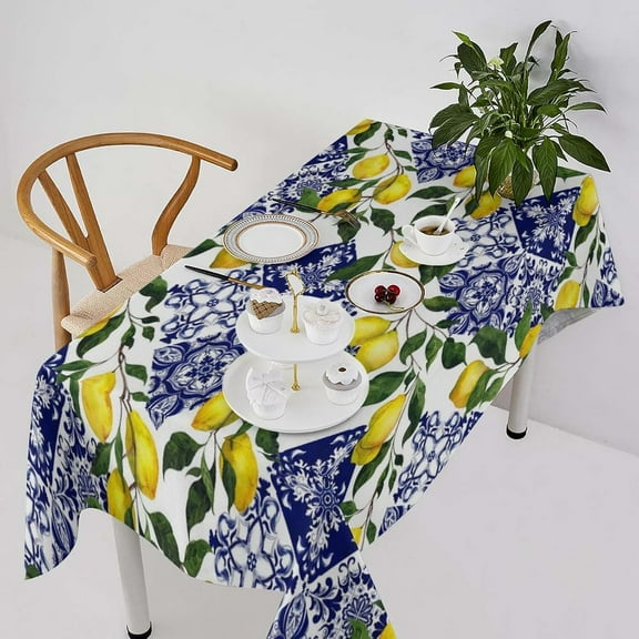 Blue Tile Lemon Tablecloth, Summer Fresh Lemon Florals Watercolor Spring Landscape Print Table Cloth Cover for Home Dinning Kitchen Wedding Party Decor 60x120in