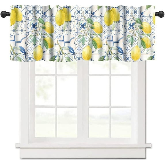 Blue Tile Lemon Valance, Italian Navy Blue Burlap Watercolor Flower Lemon Olive Summer Fruit Window Valances Curtains for Farmhouse Kitchen Living Dinning Room Café Décor 54x18inch