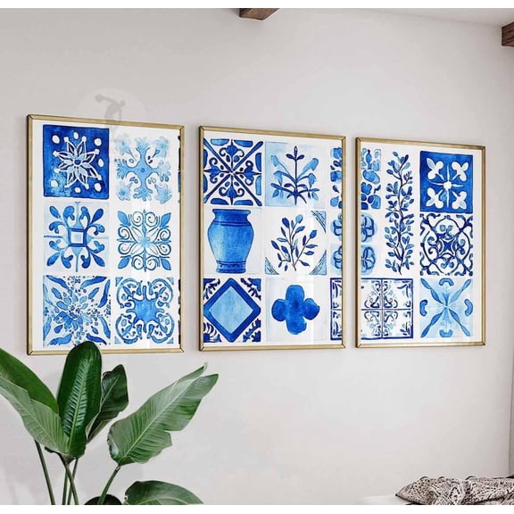 Blue Tile Mediterranean Wall Art Prints Boho Coastal Home Decor Set 3 Unframed Paper Print 20x30