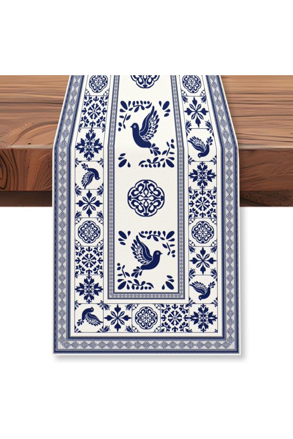 Blue Tile Print Table Runner 72 Inches Long Vintage Patchwork Tile in Spanish Style Table Runner Seasonal Spring Kitchen Dining Table Decoration for Home Party Decor Wedding Indoor Outdoor