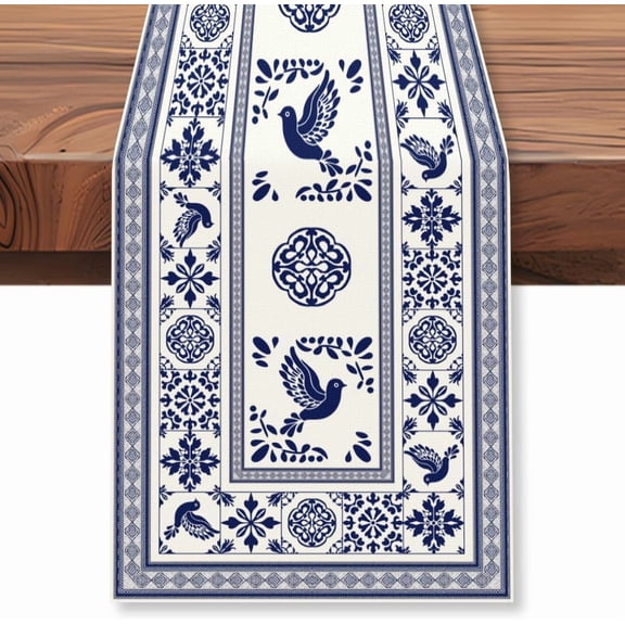 Blue Tile Print Table Runner Vintage Patchwork Tile Kitchen Dinner Table Runner Decoration 13x72 Inches Long Spanish Style Holiday Wedding Home Linen Table Decoration