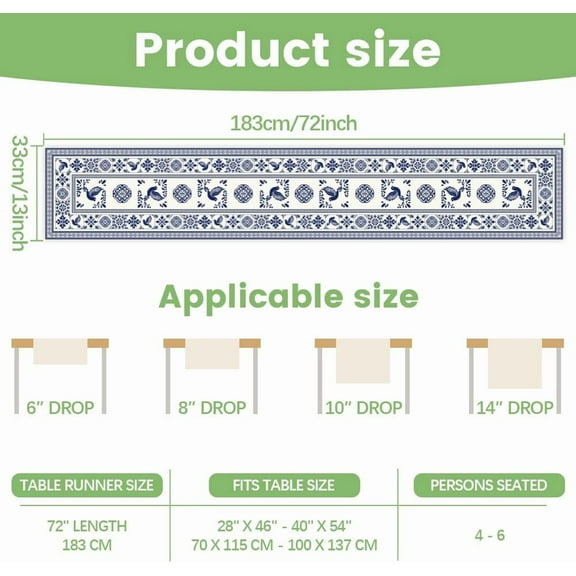 Blue Tile Print Table Runner Vintage Patchwork Tile Kitchen Dinner Table Runner Decoration 13x72 Inches Long Spanish Style Holiday Wedding Home Linen Table Decoration for Indoor Outdoor Party