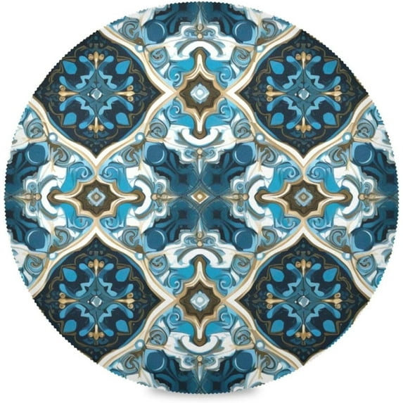 Blue Tile Round Placemats Washable Placemats Non-Slip Heat-Resistant Table Place Mats for Dining Kitchen Holiday Party Table 15.4"-6PCS Home Decor