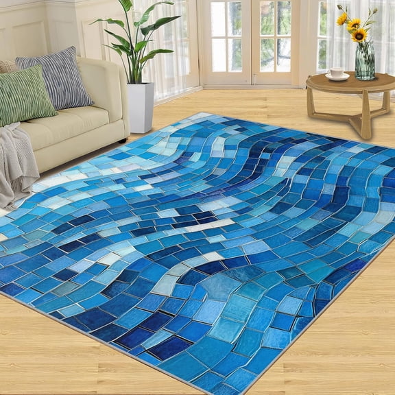Blue Tile Rug for Living Room, Ocean Wave Pattern Area Rug, Blue Geometry Washable Rugs for Bedroom, Geometry Home Decor Rugs for Bedroom Kitchen Dining Room-2' x 3'