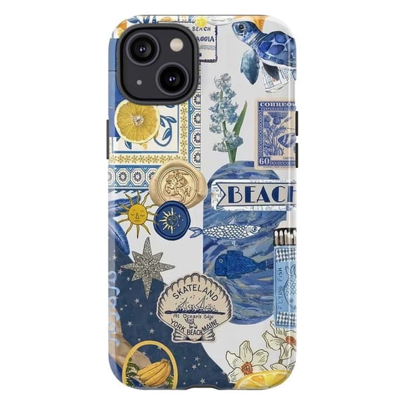 Blue Tile Sea Turtle & Lemon Collage Phone Case, Artistic Beach Ocean Cover for iPhone 17 16 15 14 13 12 11 Pro Plus Mini